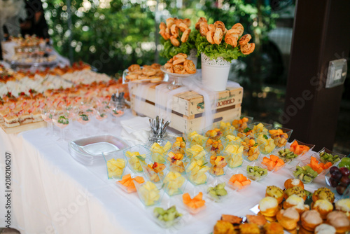 A vibrant buffet table set outdoors with fresh fruit cups, pastries, and appetizers surrounded by greenery in a peaceful setting.