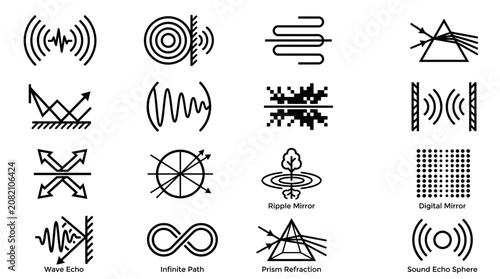 Foto Science Icons: Waves, Refraction, Reflection, Sound, Digital Data, Physics Conce