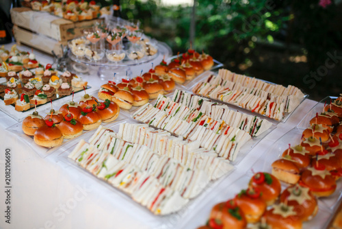 A colorful buffet with sandwiches, mini burgers, and appetizers arranged on trays, set outdoors with a lush green background suggesting a festive event.