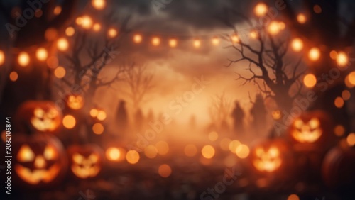 Spooky Halloween Background with Glowing Jack-o'-lanterns and Magical Fairy Lights in a Dark Foggy Forest