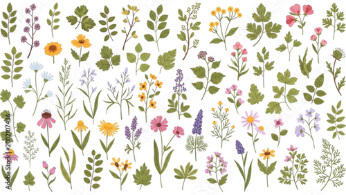 Photos Vibrant 2D Vector Illustration of Various Colorful Flowers and Leaves in a Lush