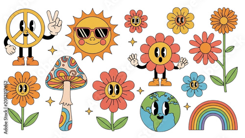 Canvastavla Vibrant 2D Vector Illustration of smiling flowers, mushrooms, and celestial bodi