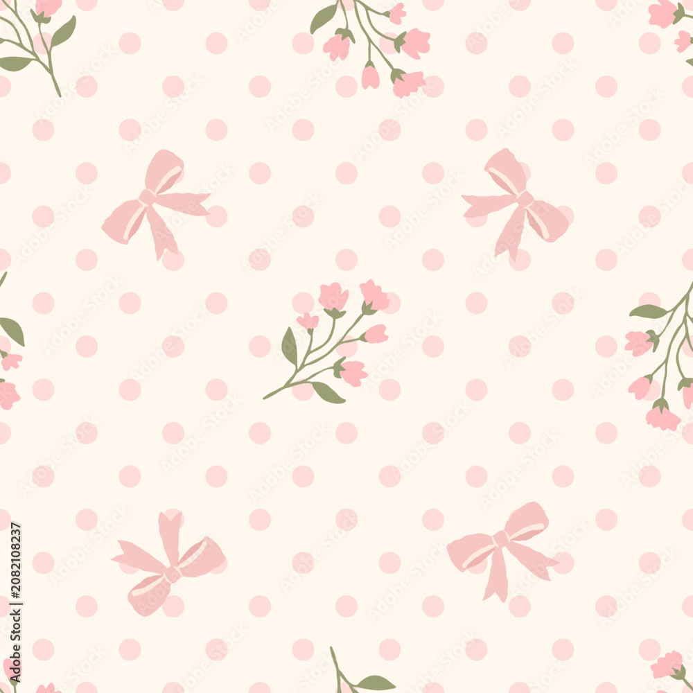Fototapeta premium Seamless pastel ribbon bow and tiny floral pattern with pink polka dots on cream background, cute feminine botanical repeat for fabric and wallpaper.