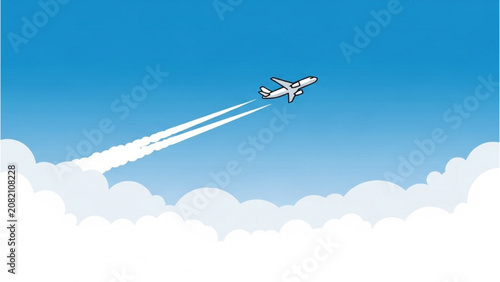 Foto Airplane soars through blue sky with white clouds in 2D Vector Illustration styl