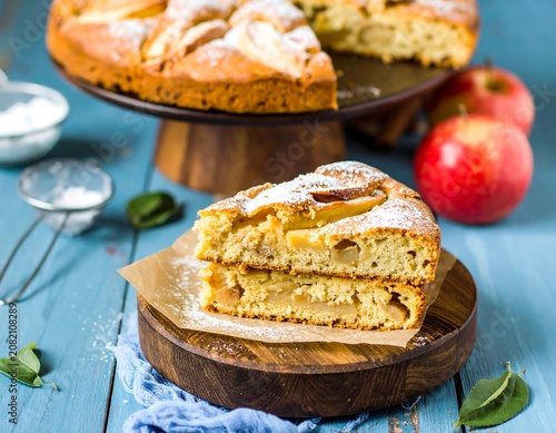 Delicious apple pie slice on wooden board
