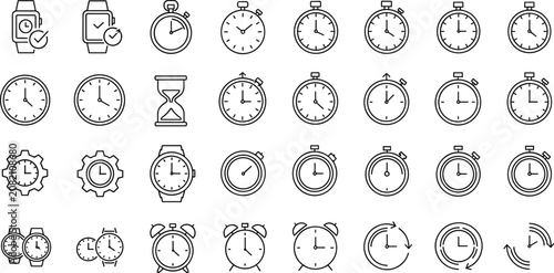 Black and white line collection of clocks and time symbols hour hand minute hand alarm clock