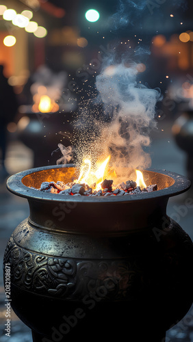 Brûleur d'encens traditionnel en bronze avec feu et fumée sacrée dans un temple