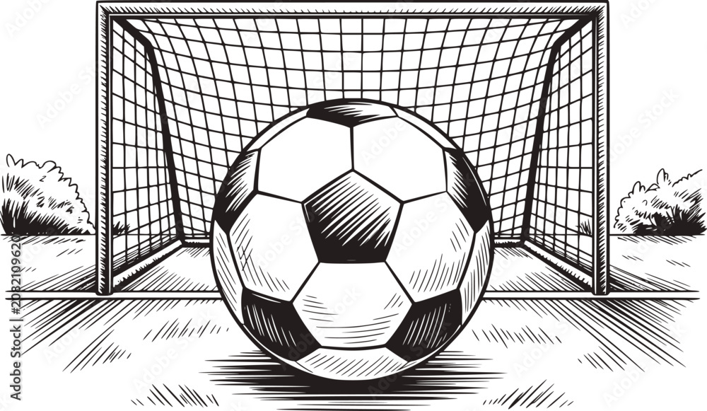 某プロサッカー選手 木炭画 肖像画 モノクロ Photography Poster サッカーゴールのネットの前に置かれたクラシック