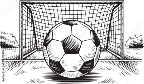 Fotografía サッカーゴールのネットの前に置かれたクラシックなサッカーボールの手書きの白黒イラスト