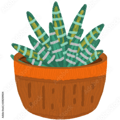 Hand drawn prickly pear cactus with yellow spots in a white textured ceramic pot illustration