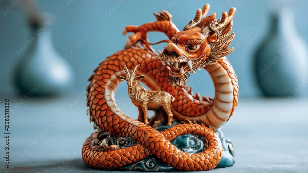 Obraz premium Intricate 3D Dragon Sculpture Coiling Protectively Around Golden Goat