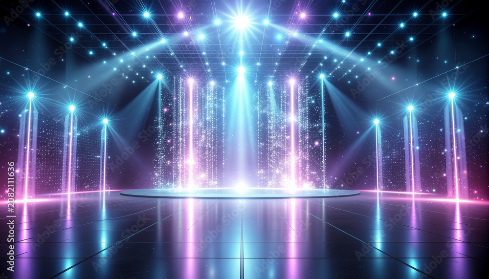 Fototapeta premium Futuristic neon stage with colorful spotlight background 鮮やかなスポットライトが降り注ぐ未来的ネオンステージ背景イラスト