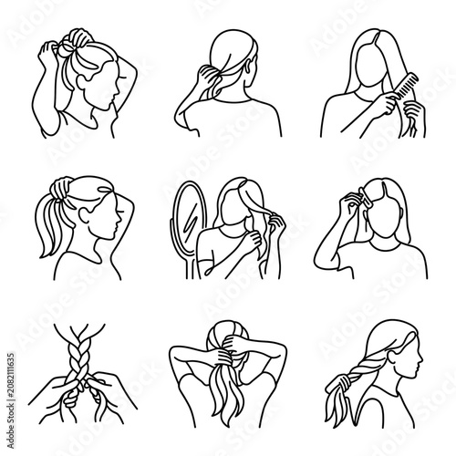 Woman's Hair Styling Steps: Bun, Ponytail, Braid, Comb - Line Art