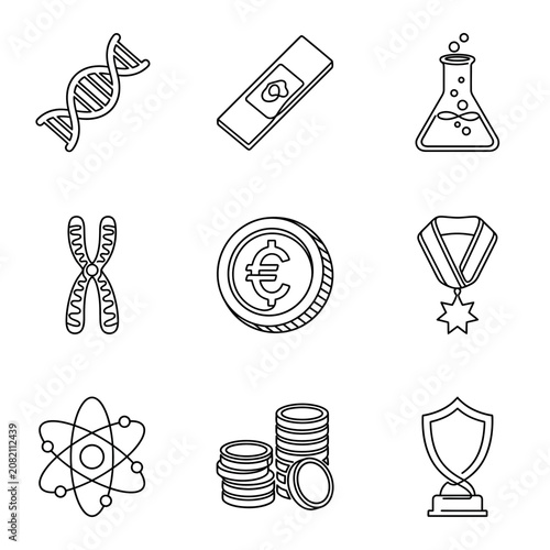 Quadro su tela Science Icons: DNA, Microscope Slide, Flask, Chromosome, Euro Coin, Medal, Atom,