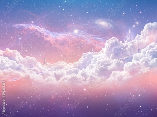 Dreamy pastel nebula background, ethereal pink and purple cosmic clouds, magical starry sky with fluffy white cumulus formations and distant galaxy
