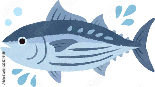 Cute skipjack tuna illustration jumping with water splashes, hand-drawn textured style.