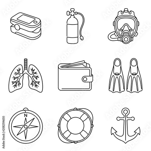 Foto Diving and Healthcare Icons: Oximeter, Lungs, Mask, Oxygen Tank, Compass, Anchor