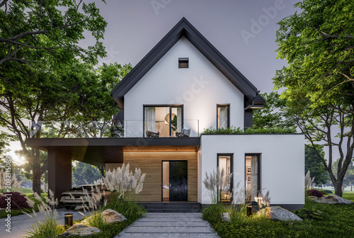 3d rendering of contemporary architectural luxury house exterior. Modern Scandinavian style family home with a white plaster walls, dark roof, and beautiful garden at golden hour