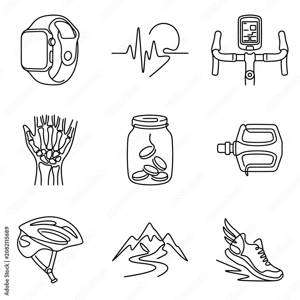 Fototapeta premium Healthy Lifestyle Icons: Smartwatch, ECG, Bike Computer, Hand, Pills, Pedal, Helmet, Mountains, Running Shoe