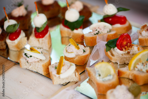 A colorful variety of gourmet appetizers served on sliced bread, topped with vegetables, cheese, and garnishes, creating a fresh and vibrant presentation.