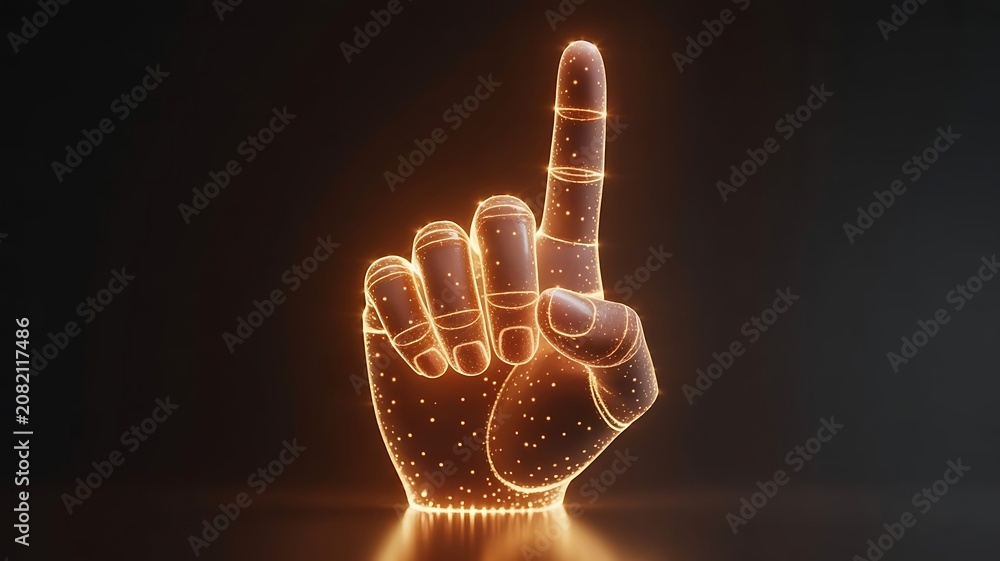 Naklejka premium Wireframe hand illuminated with orange light pointing index finger glowing hand human body part dark background light up one object number one first place isolated futuristic reflection