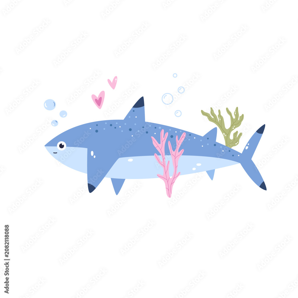 Fototapeta premium Cute cartoon shark minimalist flat design illustration.
