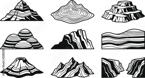 Photos Geological landform and rock strata collection, mountain terrain contour symbols