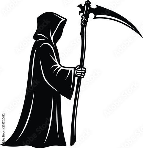Foto Grim reaper silhouette with scythe black and white vector illustration
