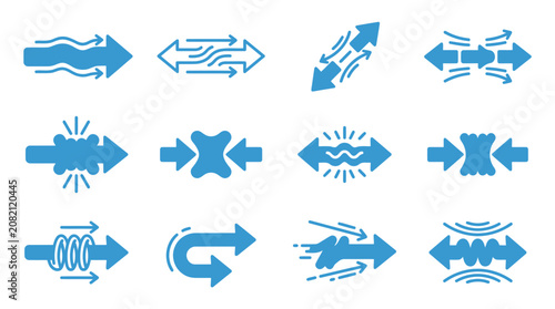 Foto Set of blue dynamic arrow icons showing motion movement energy and liquid flow directions
