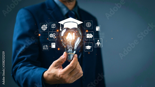 Innovation in Learning Artificial Intelligence Concept with Glowing AI Light Bulb and Graduation Cap for Education