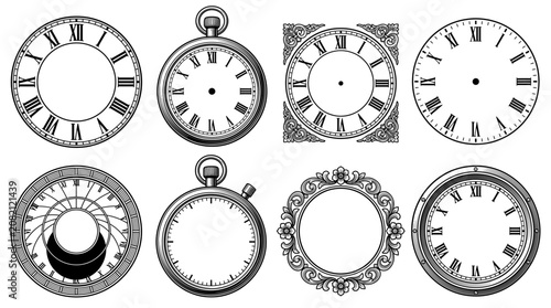 Fotografia Set of Vintage Clock Faces and Antique Pocket Watch Illustrations, Decorative Ro