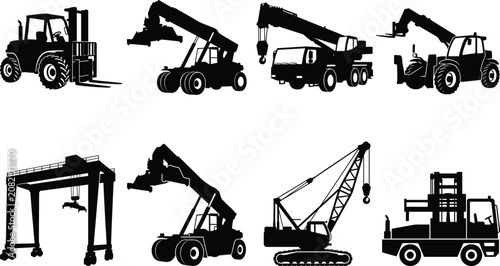 Tableau sur toile Heavy Machinery And Logistics Equipment Black Silhouette Vectors Featuring Crane