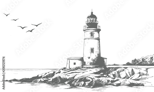 Hand drawn sketch of vintage lighthouse on rocky coast with flying seagulls vector illustration background