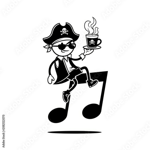 Pirate character holding coffee cup music.