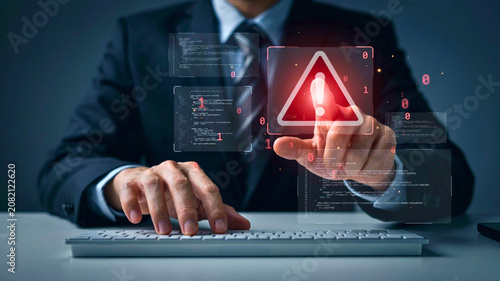 Cybersecurity Professional Resolving Critical System Security Warning Alert via Virtual Interface
