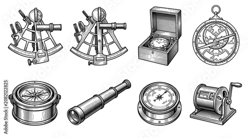 Schilderij op canvas Vintage Nautical Navigation Instruments Collection including Sextant, Compass, T