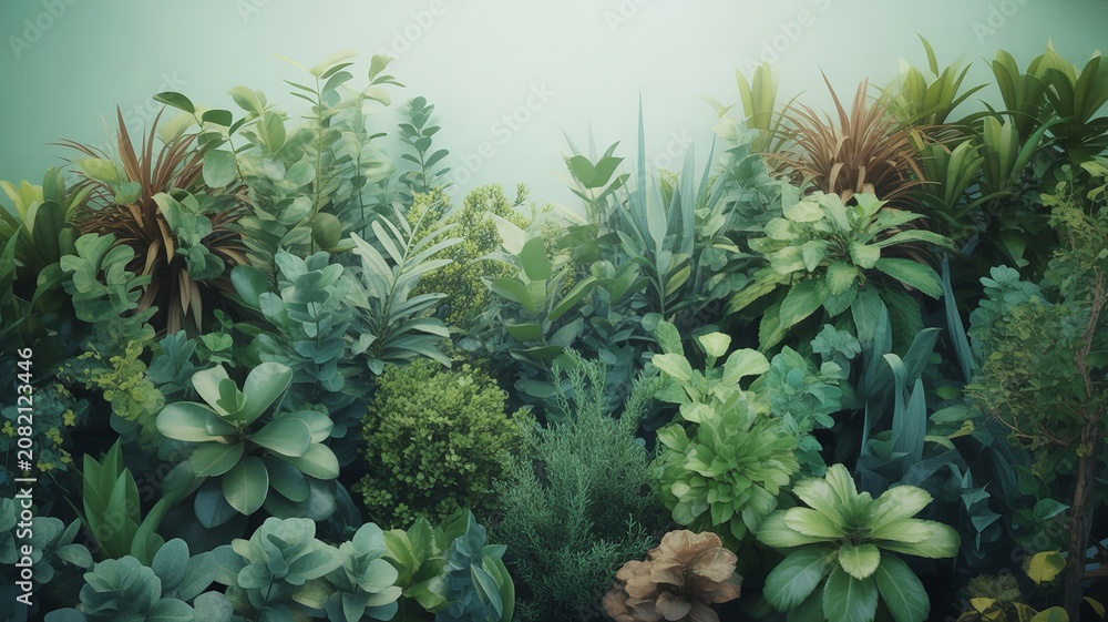 Fototapeta premium Dense arrangement of green plants and succulents with diverse foliage textures symbolizing natural beauty indoor garden and calming environment
