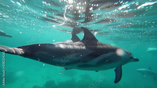 Pod of wild dolphins swimming underwater in the deep blue ocean with sunlight rays, cinematic nature shot