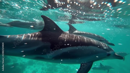 Wild dolphins swimming together underwater in the deep blue ocean with sunlight rays and bubbles
