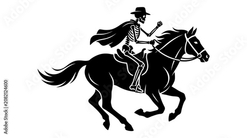 Helloween Black skeleton cowboy riding horse, vector illustration, white background, spooky western vector