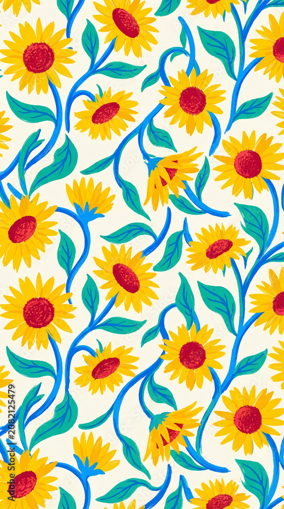Fototapeta premium Stylized pattern of yellow sunflowers with red centers and green leaves on blue stems against a cream background, symbolizing summer and natural beauty