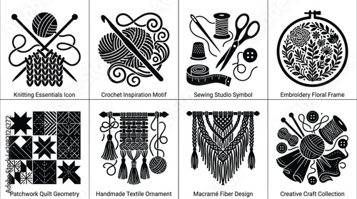 Collection of textile and craft icons featuring knitting, crochet, sewing, embroidery, patchwork, macramé, and handmade ornament designs