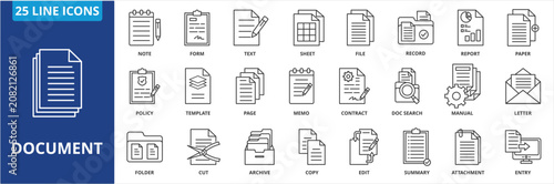 Document icon collection set. Containing note, form, text, sheet, file, record, report, paper, policy icon. simple line vector.	