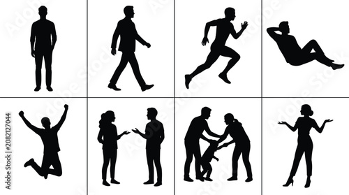 Collection of human silhouette illustrations showing standing, walking, running, reclining, jumping, conversing, parenting, and expressive gestures