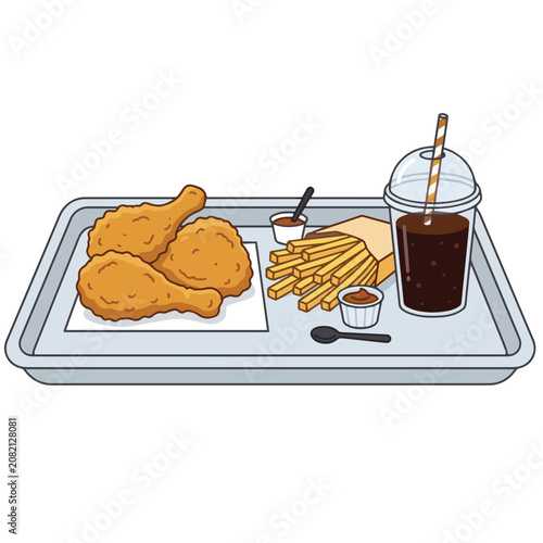 Fast food combo meal combo on a tray with crispy fried chicken drumsticks, french fries, dipping sauce and soda drink vector illustration
