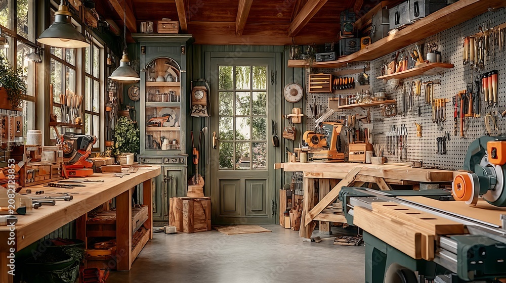 Fototapeta premium Cozy Woodworking Workshop with Tools and Custom Storage Solutions