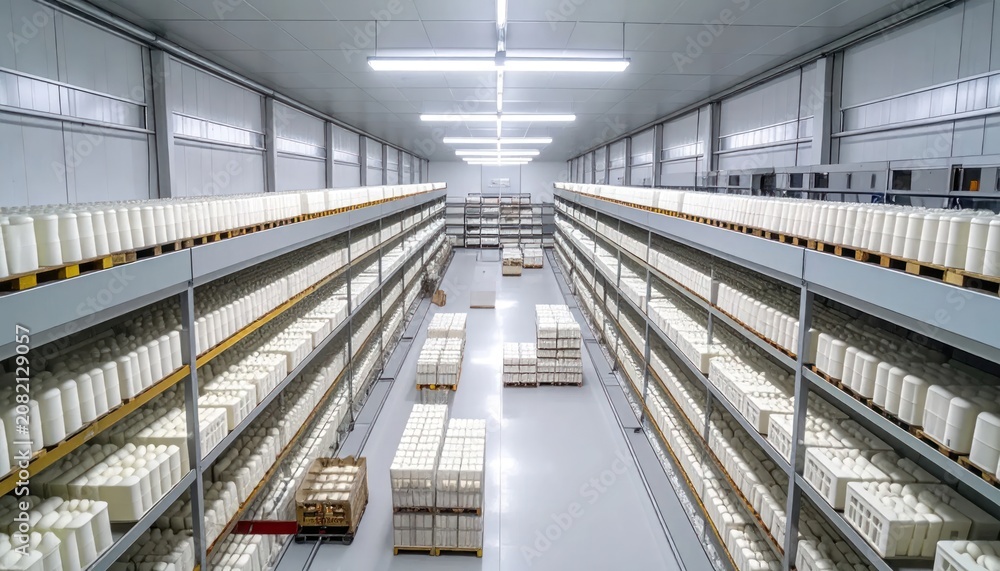 Obraz premium Long rows of industrial warehouse shelving units.