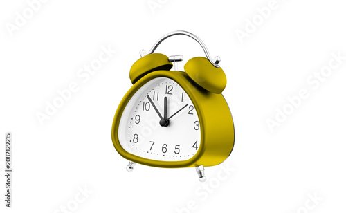 Stylish Yellow analog table clock with a unique geometric shape and chrome details. High-quality 3D render for interior design projects, morning routine blogs, and home decor catalogs.