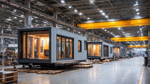Modern modular prefabricated homes under construction in a large factory warehouse