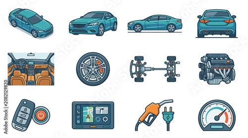 Professional Set of Modern Car Components and Features in Blue Orange and Gray Color Palette with high quality professional line art symbols for modern creative design and digital branding projects
